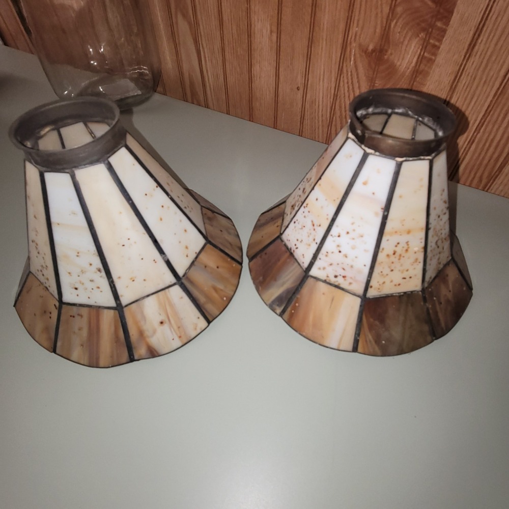 Vintage Slag Glass Light Fixtures Set of 2 Mission Style Amber Cream 5x7 Inch